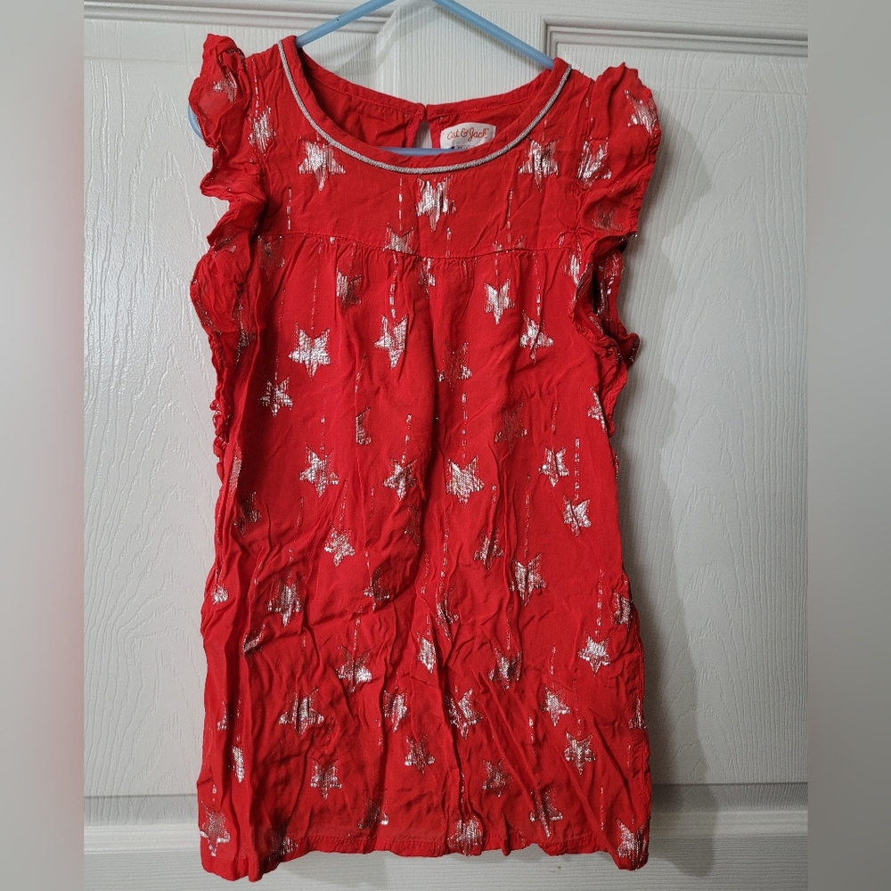 CAT AND JACK Red Dress with Silver Metalic Thread Stars size XS 4T-5T